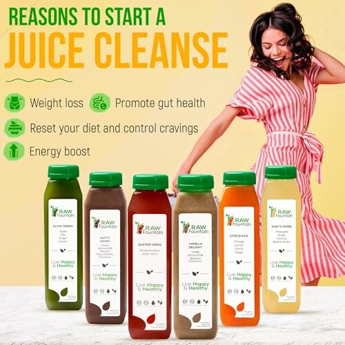 Woman with juice bottles and benefits of juice cleanse.