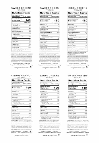 Nutrition facts labels for various juice flavors.