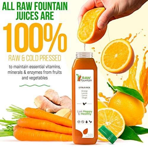 Raw Fountain Juices advertisement with citrus fruits, ginger, and carrots.