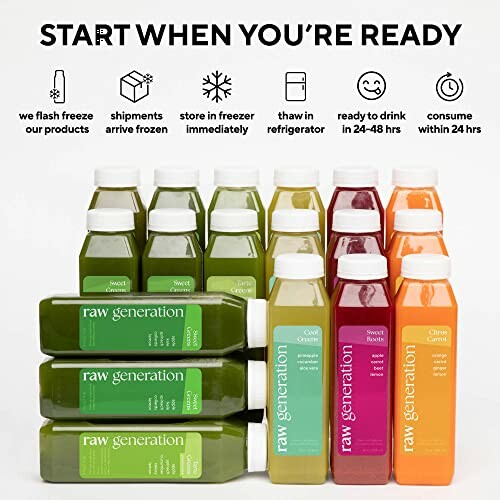 Assorted raw generation juice bottles with preparation instructions.