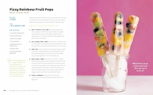 Recipe for fizzy rainbow fruit pops with colorful popsicles in a glass jar.