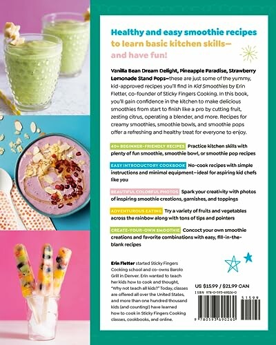 Back cover of a smoothie recipe book with images of smoothies and text highlights.